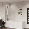 Coram 5mm glass frameless sail bath screen with boat sail design, 1400mm high by 1050mm wide, clear safety glass with smooth edges in modern bathroom setting