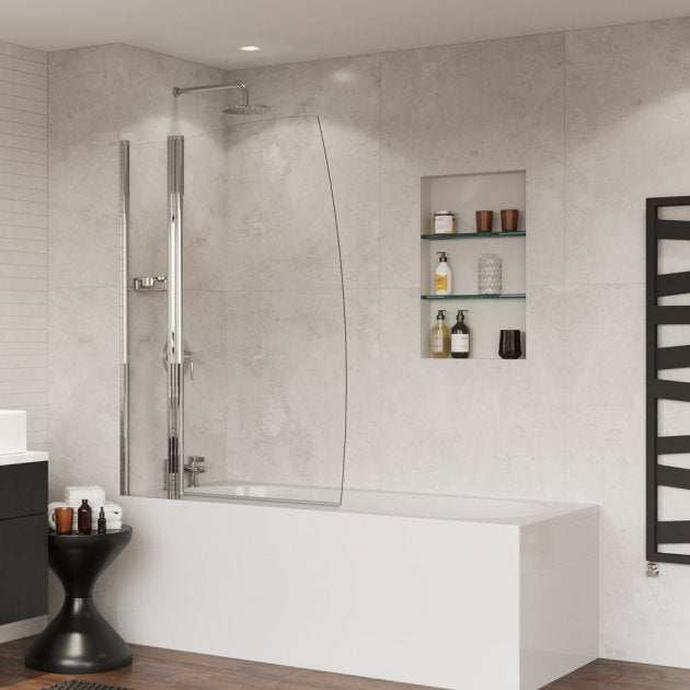 Coram 5mm glass frameless sail bath screen with boat sail design, 1400mm high by 1050mm wide, clear safety glass with smooth edges in modern bathroom setting