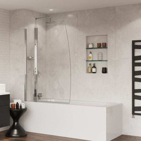 Coram 5mm glass frameless sail bath screen with boat sail design, 1400mm high by 1050mm wide, clear safety glass with smooth edges in modern bathroom setting
