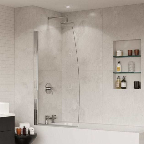 Coram 5mm glass frameless hinged bath screen with sail design, clear, 1400mm by 800mm