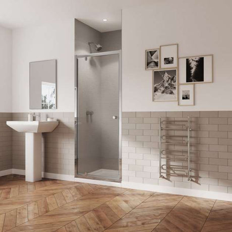 Coram 5mm plain glass chrome pivot shower door 800mm wide clear bathroom installation