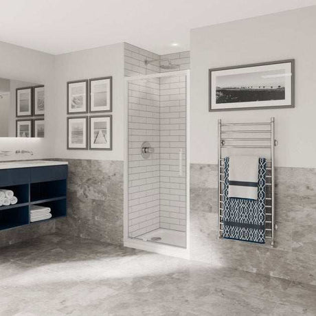 Coram 6mm plain glass chrome pivot shower door with clear toughened safety glass and polished stainless steel handle in modern bathroom setting