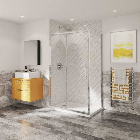 Coram 6mm plain glass chrome sliding shower door 1400mm wide in modern bathroom setting
