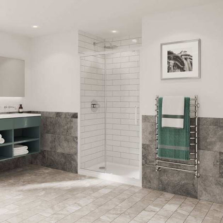 Coram 6mm Plain Glass Optima 6 white framed sliding shower door in modern bathroom