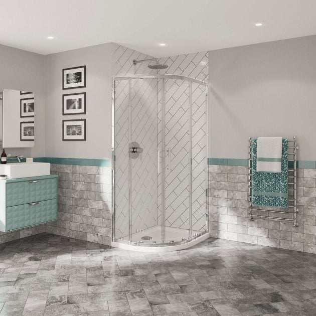 Coram 6mm plain glass quadrant shower enclosure with chrome frame and clear glass in modern bathroom setting