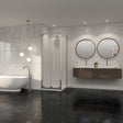 Modern bathroom with Coram 8mm Plain Glass chrome framed bi-fold shower door, freestanding bathtub, and double round mirrors above wall-mounted vanity