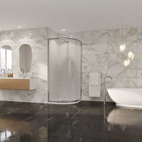 Modern bathroom with Coram 8mm Plain Glass 1000mm x 800mm chrome double offset quadrant shower enclosure in clear glass, marble walls, and freestanding bathtub