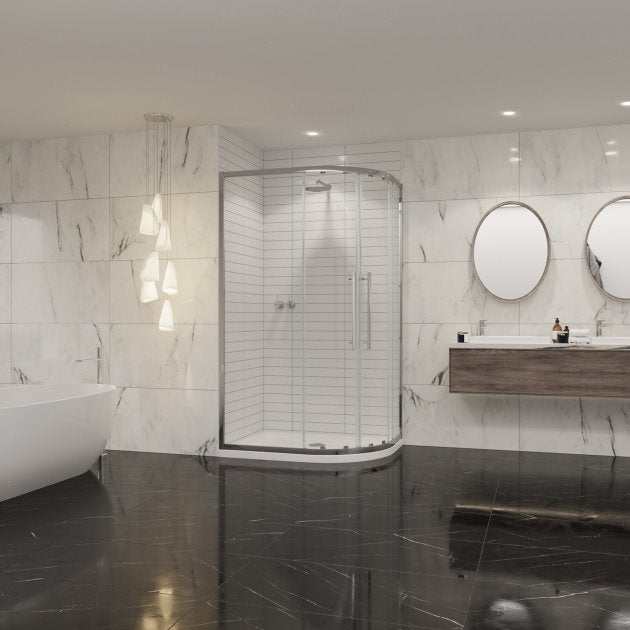 Coram 8mm Plain Glass Chrome double offset quadrant shower enclosure with curved design in modern bathroom