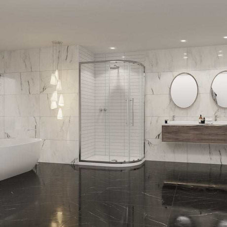 Coram 8mm Plain Glass Chrome double offset quadrant shower enclosure with curved design in modern bathroom