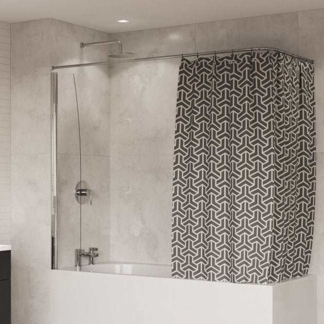 Coram 4mm glass shower curtain screen with aluminum frame and rail, clear toughened glass panel in bathroom tub setting