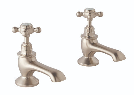 Launde Abbey Victrion Deck Mounted Crosshead Bath Pillar Taps - Brushed Nickel