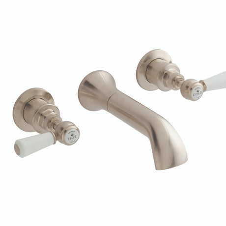Launde Abbey Victrion 3 Tap Hole Wall Mount Lever Basin Filler Tap - Brushed Nickel