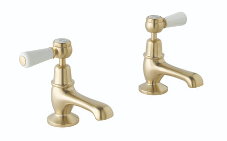 Launde Abbey Victrion Deck Mounted Lever Basin Pillar Taps - Brushed Gold