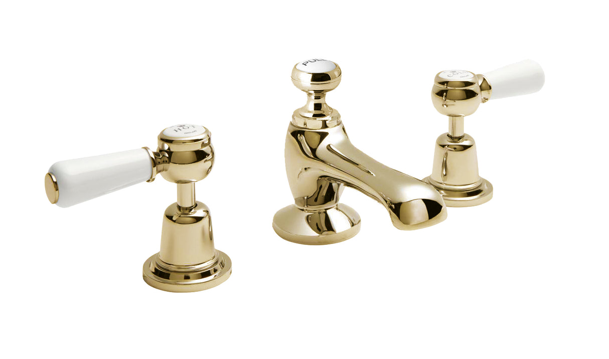 Launde Abbey Victrion 3 Tap Hole Deck Mounted Lever Basin Mixer Tap - Gold