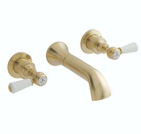 Launde Abbey Victrion 3 Tap Hole Wall Mounted Lever Bath Filler Tap - Brushed Gold