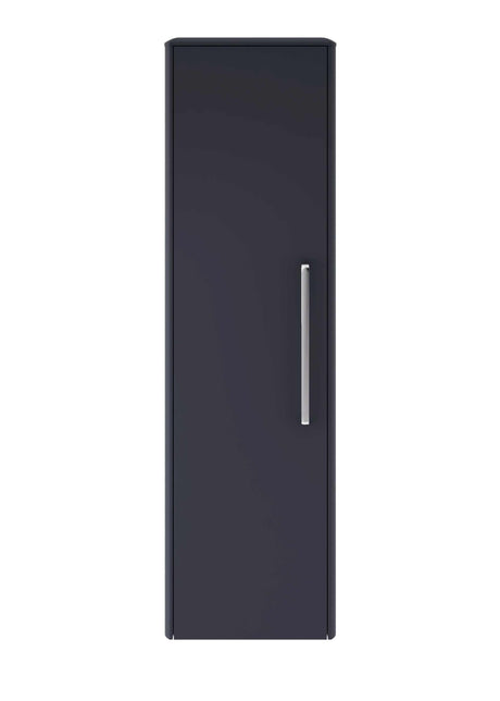 Hudson Reed Solar wall hung tall bathroom storage unit in indigo blue with sleek modern design and silver handle