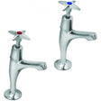 Pair of Deva modern cross handle chrome kitchen sink taps with red and blue markers