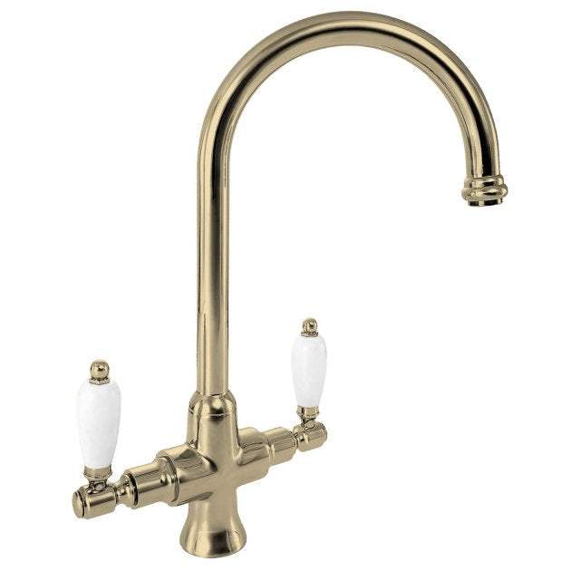 Deva Georgian Traditional Mono Kitchen Sink Mixer Tap in gold finish with dual lever design and curved spout