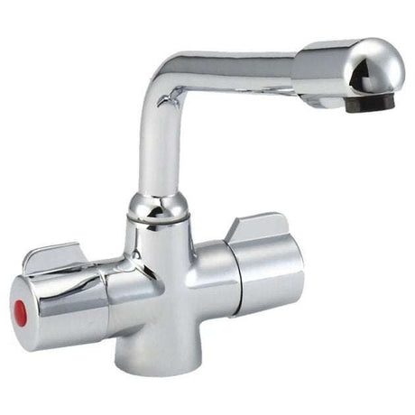 Deva Puffin Mono Kitchen Sink Mixer Tap in chrome with swivel spout and dual red and blue handles
