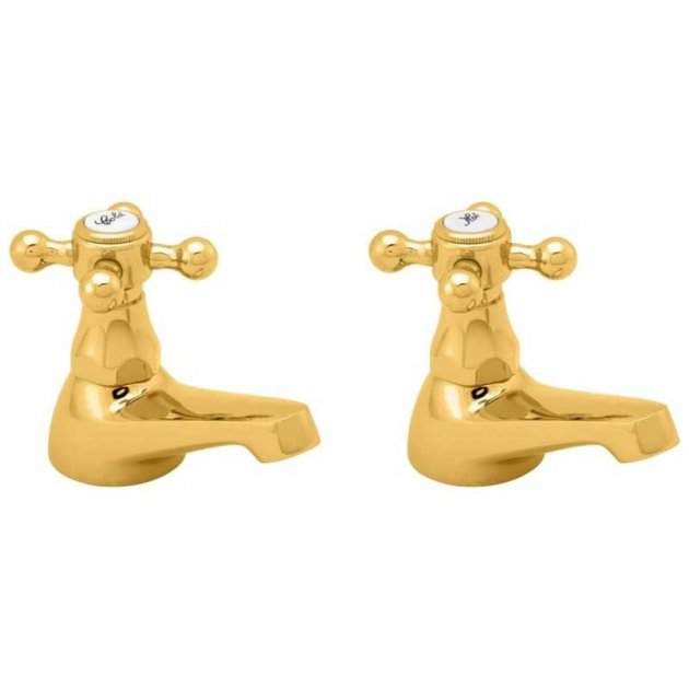 Pair of Deva Tudor Gold traditional basin taps with crosshead handles and white indices.