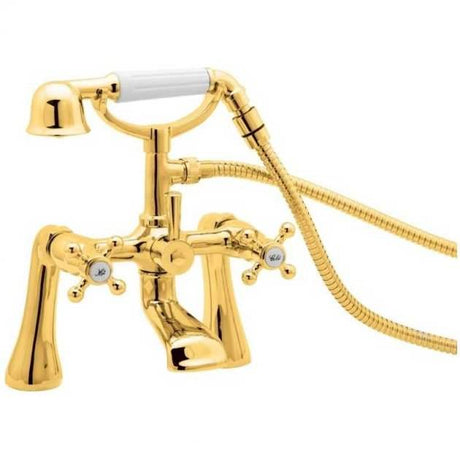 Gold Deva Tudor traditional pillar mounted bath shower mixer tap with white crosshead handles and handheld showerhead