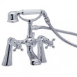 Deva Tudor traditional chrome pillar mounted bath shower mixer tap with crosshead handles and white handheld showerhead