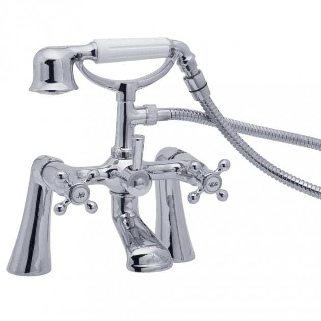 Deva Tudor traditional chrome pillar mounted bath shower mixer tap with crosshead handles and white handheld showerhead