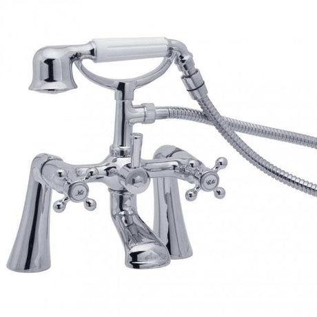Deva Tudor traditional chrome pillar mounted bath shower mixer tap with crosshead handles and white handheld showerhead