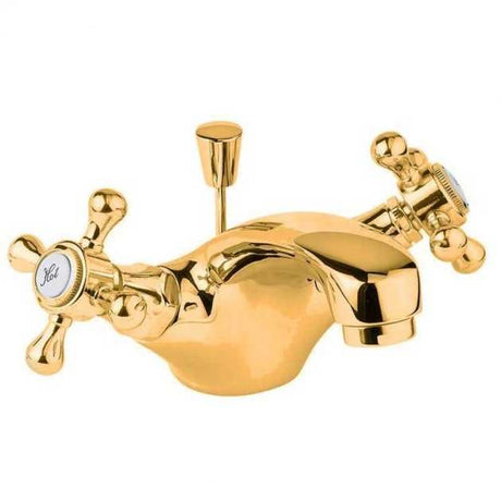 Deva Tudor Traditional Mono Basin Mixer Tap in gold finish with pop-up waste and cross handles