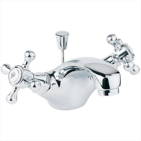 Deva Tudor Mono Basin chrome mixer tap with traditional cross handles and pop-up waste
