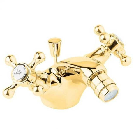 Deva Tudor Traditional Mono Bidet Mixer Tap in gold with pop-up waste and classic dual cross handles