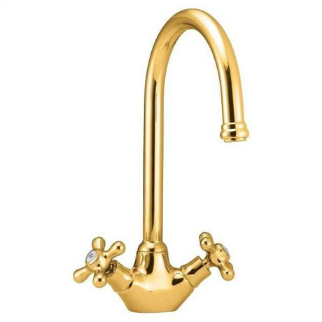 Deva Venetian Traditional Mono Kitchen Sink Mixer Tap in gold finish with dual cross handles and high-arc spout