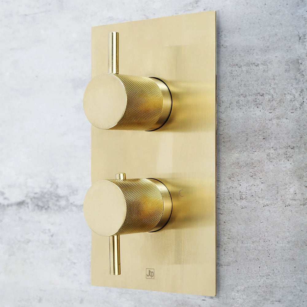 JTP Vos Twin Outlet thermostatic concealed brushed brass shower valve with designer handles on wall