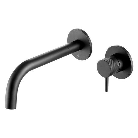 Matt black JTP Vos wall mounted single lever basin mixer with designer handle for modern bathrooms.