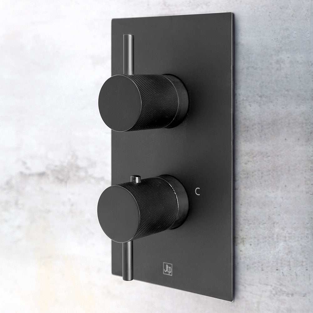 JTP Vos Twin Outlet thermostatic concealed shower valve in matt black with designer handles for modern bathrooms