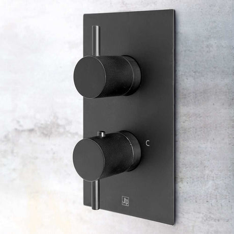 JTP Vos Twin Outlet thermostatic concealed shower valve in matt black with designer handles for modern bathrooms