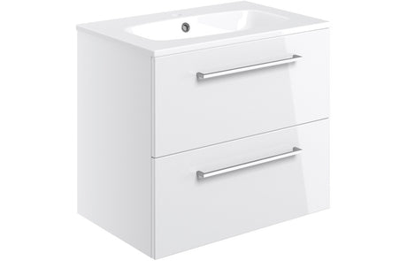 Prystine Gainesville Wall Hung 2 Drawer Basin Unit w/Basin 610mm - White Gloss - PRIS103329