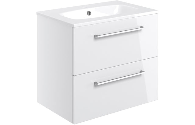 Prystine Gainesville Wall Hung 2 Drawer Basin Unit w/Basin 610mm - White Gloss - PRIS103329