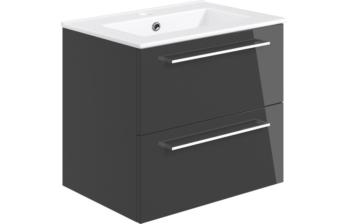 Prystine Gainesville Wall Hung 2 Drawer Basin Unit w/Basin 610mm - Anthracite Gloss - PRIS103331