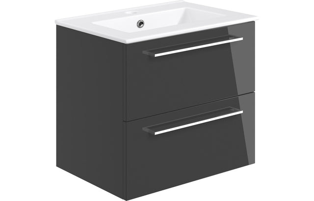 Prystine Gainesville Wall Hung 2 Drawer Basin Unit w/Basin 610mm - Anthracite Gloss - PRIS103331