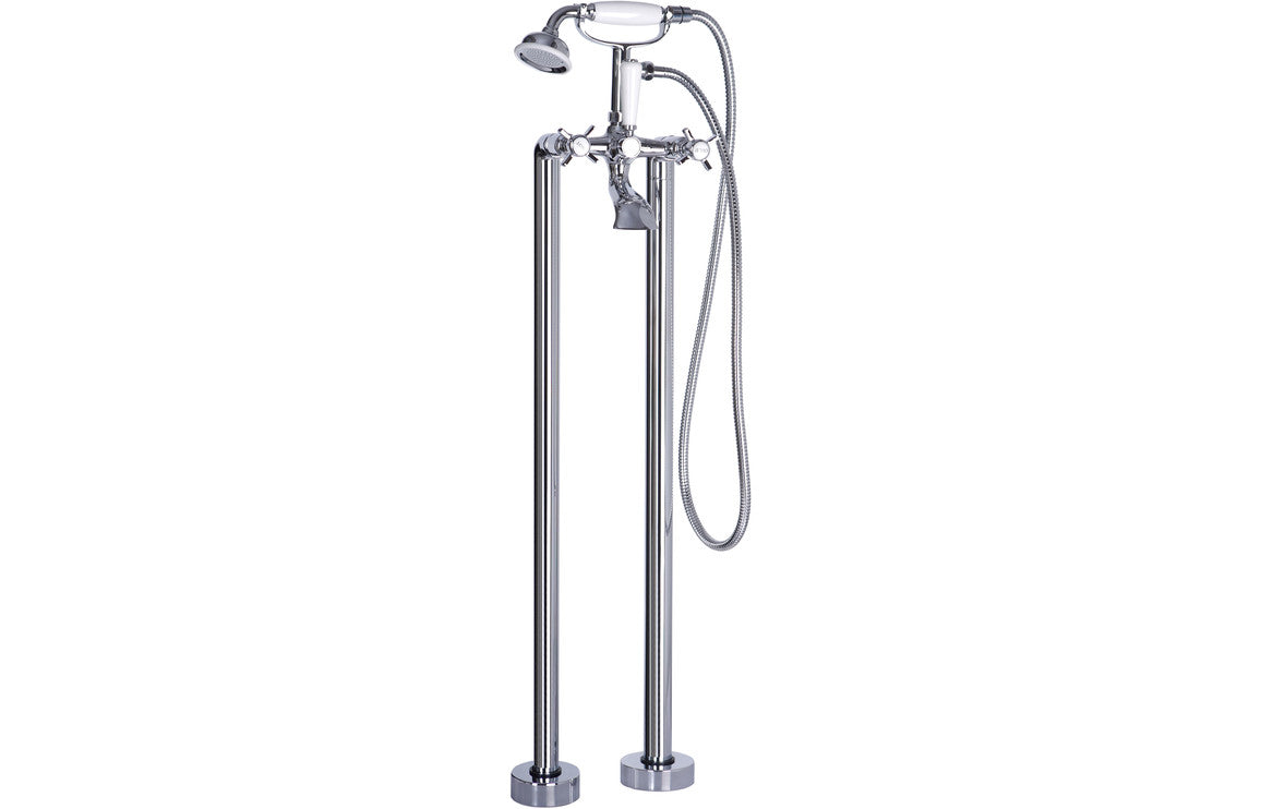 Traditional Chrome Freestanding Bath Shower Mixer Tap With Cross Hed Handles - Prystine Lubbock