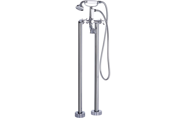 Traditional Chrome Freestanding Bath Shower Mixer Tap With Cross Hed Handles - Prystine Lubbock