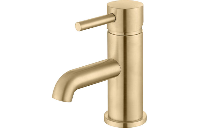 Brushed Brass Designer Basin Mixer Tap With Round Lever Handles & Click Clack Waste - Prystine Tuscon