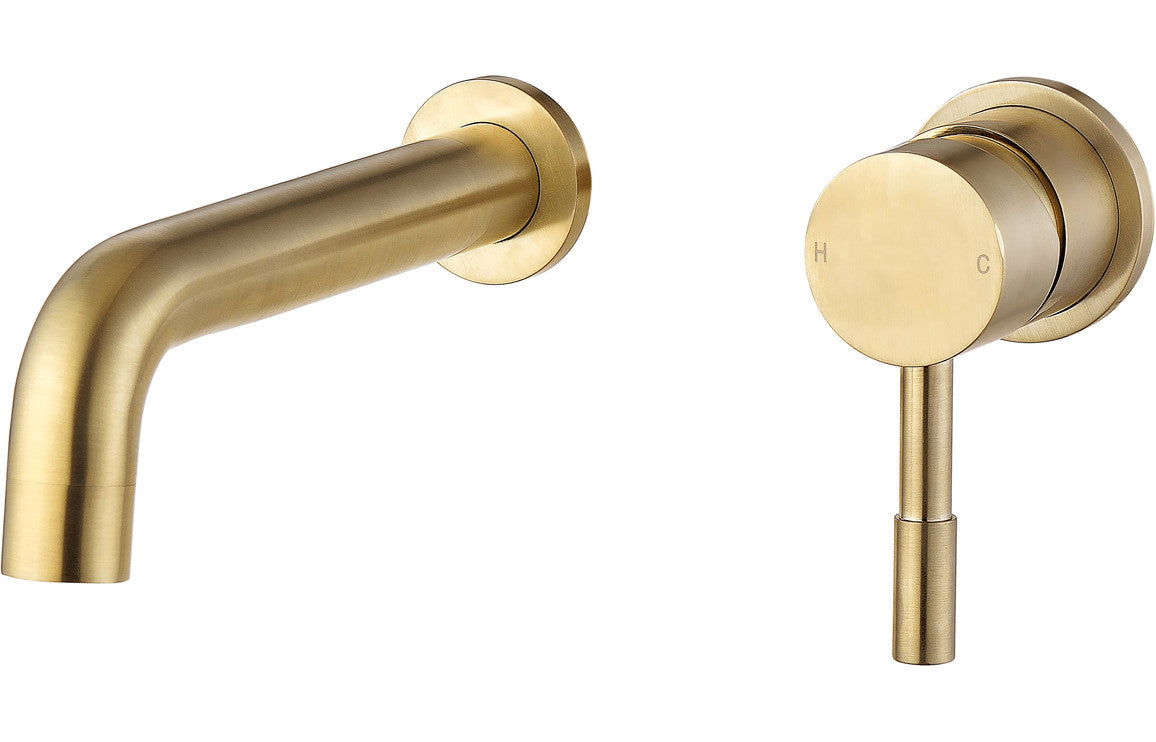 Brushed Brass Designer Wall Mounted Basin Mixer Tap With Round Lever Handle  - Prystine Tuscon