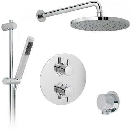 Vado 2 Handle 2 Outlet Concealed Thermostatic Shower Valve Package in chrome with overhead shower and handheld spray
