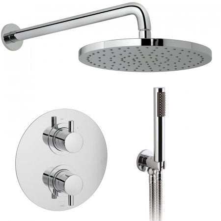 Vado 2 Handle 2 Outlet concealed thermostatic shower valve package in chrome with rain showerhead and handheld showerhead