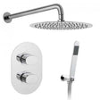 Vado 2 handle concealed thermostatic shower valve package in chrome with overhead shower and handheld showerhead