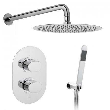 Vado 2 handle concealed thermostatic shower valve package in chrome with overhead shower and handheld showerhead