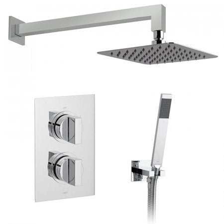 Vado 2 Handle 2 Outlet concealed thermostatic shower valve package in chrome with overhead rain shower and handheld showerhead