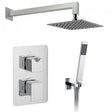 Vado 2 Handle 2 Outlet concealed thermostatic shower valve package in chrome with square overhead shower and handheld showerhead